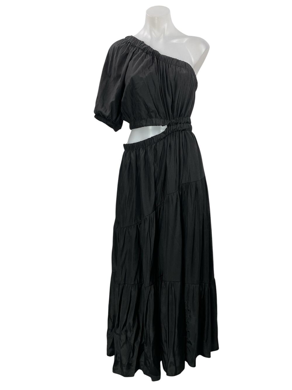 Moon River Black One Shoulder Short Sleeve Cutout Tiered A Line Maxi Dress M